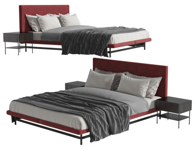后现代红色布艺靠背的双人床