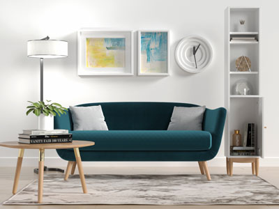 北欧孔雀蓝布艺多人沙发茶几组合