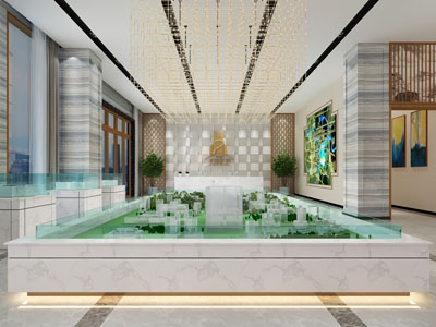 新中式售楼处大堂前台接待区沙盘