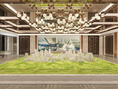 现代售楼处大堂前台接待台沙盘