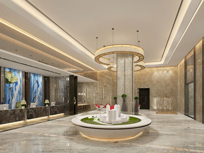 新中式售楼处大堂前台接待区沙盘