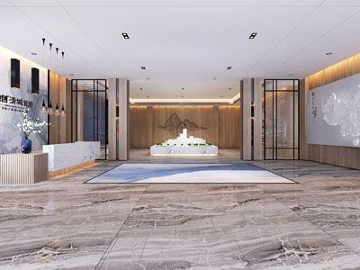 新中式售楼处大堂前台接待区沙盘