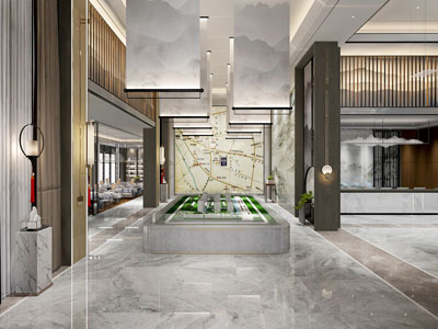 新中式售楼处大堂前台接待区沙盘