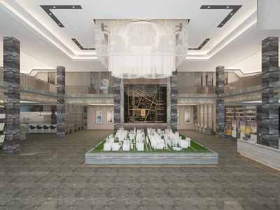 现代售楼处大堂前台接待区沙盘