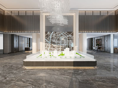 新中式售楼处大堂前台接待区沙盘