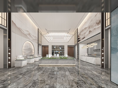 新中式售楼处大堂前台接待区沙盘