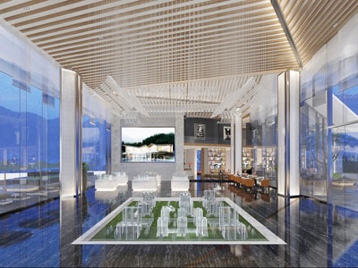 新中式售楼处大堂前台接待区沙盘