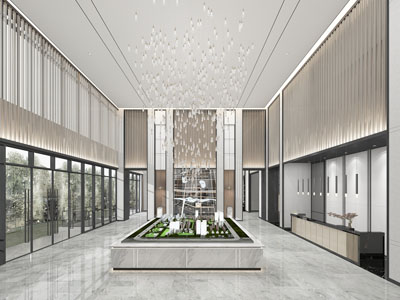 新中式售楼处大堂前台接待区沙盘