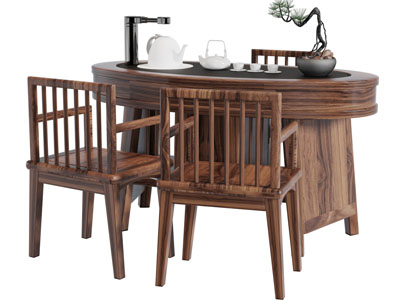 中式实木椭圆形茶桌椅组合