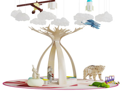 现代儿童大树休闲椅玩偶飞机云朵吊灯活动空间