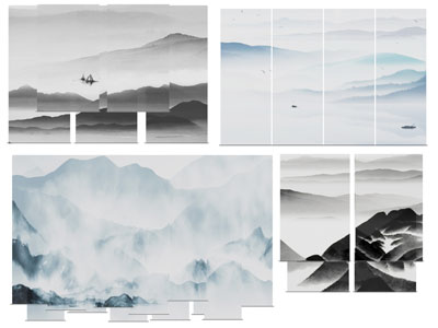 新中式山水图案的布帘拉帘3d模型 新中式山水图案的布帘拉帘