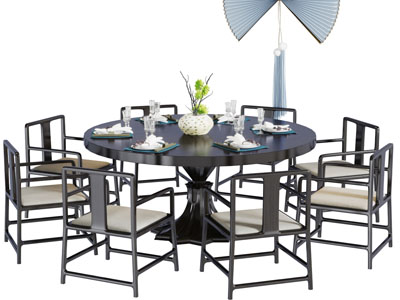 新中式实木圆形餐桌椅组合