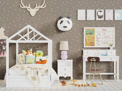 北欧白色儿童实木单人床书桌椅