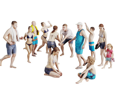 沙滩上穿着泳装的男人女人和孩子 儿童