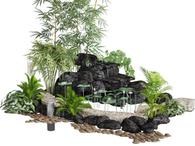 中式池塘荷花石头竹子园艺小品