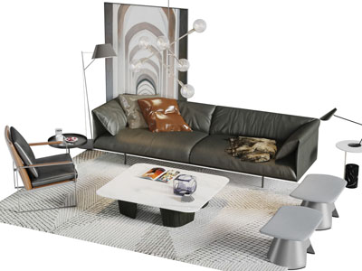 现代真皮多人沙发休闲椅子茶几组合