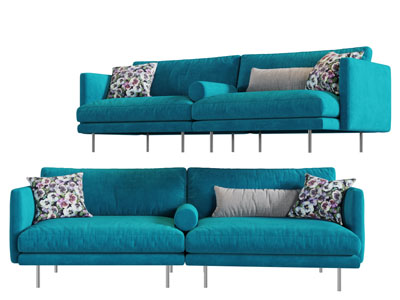 现代蓝色布艺多人沙发