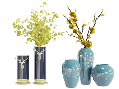 中式陶瓷花瓶腊梅花卉3d模型 中式陶瓷花瓶腊梅花卉