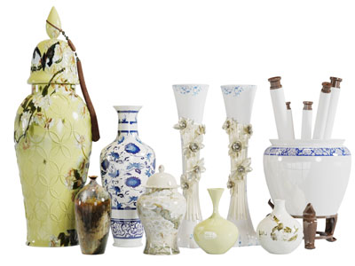 中式雕花陶瓷器皿摆件组合