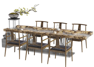 新中式装饰河流的茶桌椅组合