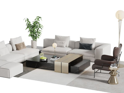现代灰白色布艺多人转角沙发茶几组合