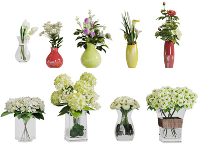 现代陶瓷玻璃花瓶花卉3d模型 现代陶瓷玻璃花瓶花卉