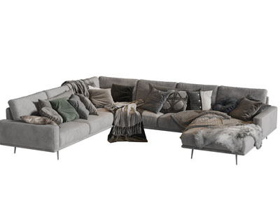 现代灰色布艺转角多人沙发