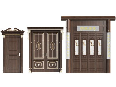 中式带对联的实木雕花大门