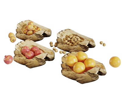 木雕水果盘坚果食物3d模型 木雕水果盘坚果食物