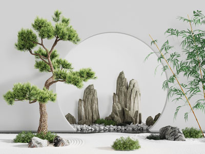 中式松树假山竹子景观园艺小品