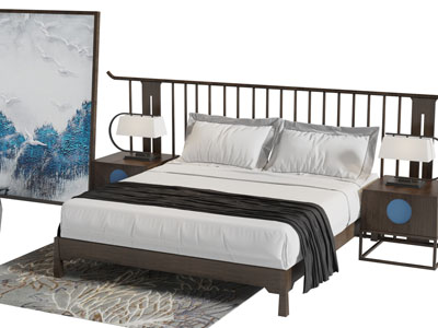 新中式镂空实木床头双人床