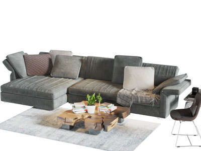 现代灰色布艺多人沙发茶几组合