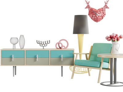 北欧拼接撞色电视柜单人沙发茶几组合