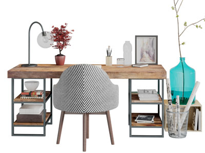 后现代实木台面金属支架书桌椅组合