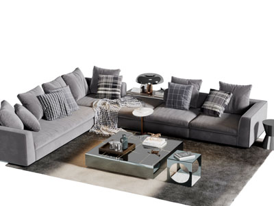 现代灰色布艺转角多人沙发茶几组合