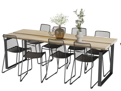 现代原木长方形餐桌椅组合