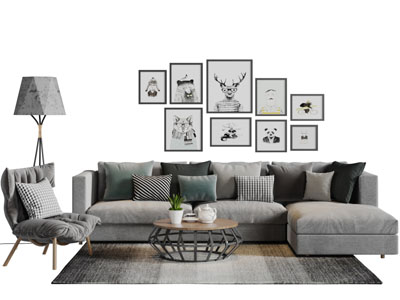 现代灰色转角多人沙发休闲椅子茶几组合