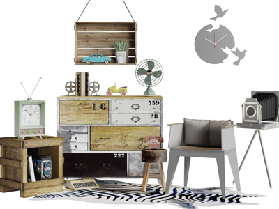 工业风实木玄关柜休闲椅子