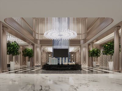 现代售楼处大堂前台接待区沙盘