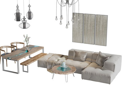 现代转角多人沙发餐桌椅组合