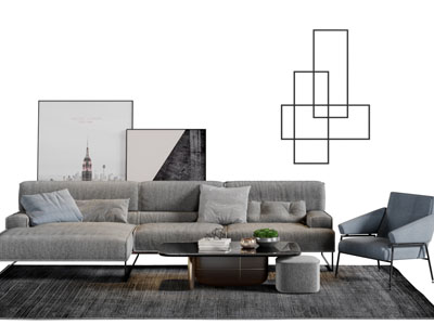 现代灰色转角多人沙发休闲椅子茶几组合