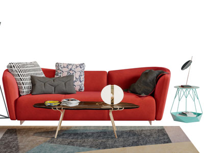 现代红色多人沙发茶几组合
