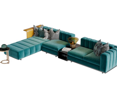 现代孔雀蓝转角多人沙发