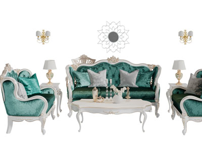 欧式蓝绿色多人双人沙发茶几组合