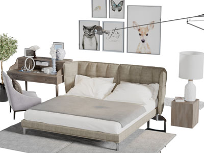 北欧布艺带弯度床头的双人床梳妆台