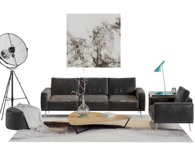 后现代黑色皮质多人单人沙发茶几组合