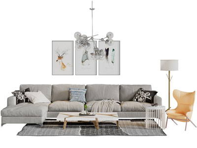 北欧布艺转角多人沙发茶几组合