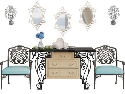 欧式铁艺雕花餐边柜餐椅组合