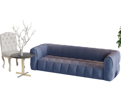 现代蓝色布艺多人沙发