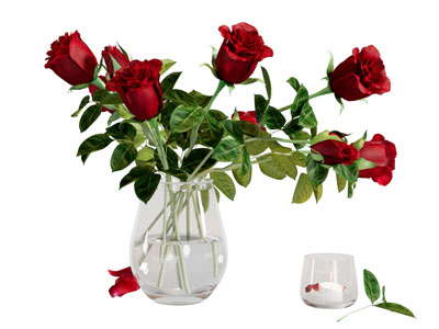 盛放玫瑰花的玻璃花瓶花卉3d模型 盛放玫瑰花的玻璃花瓶花卉